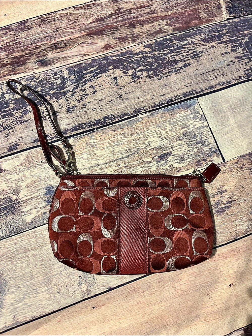 Coach Signature Stripe Glitter Medium Wristlet Brown & Silver